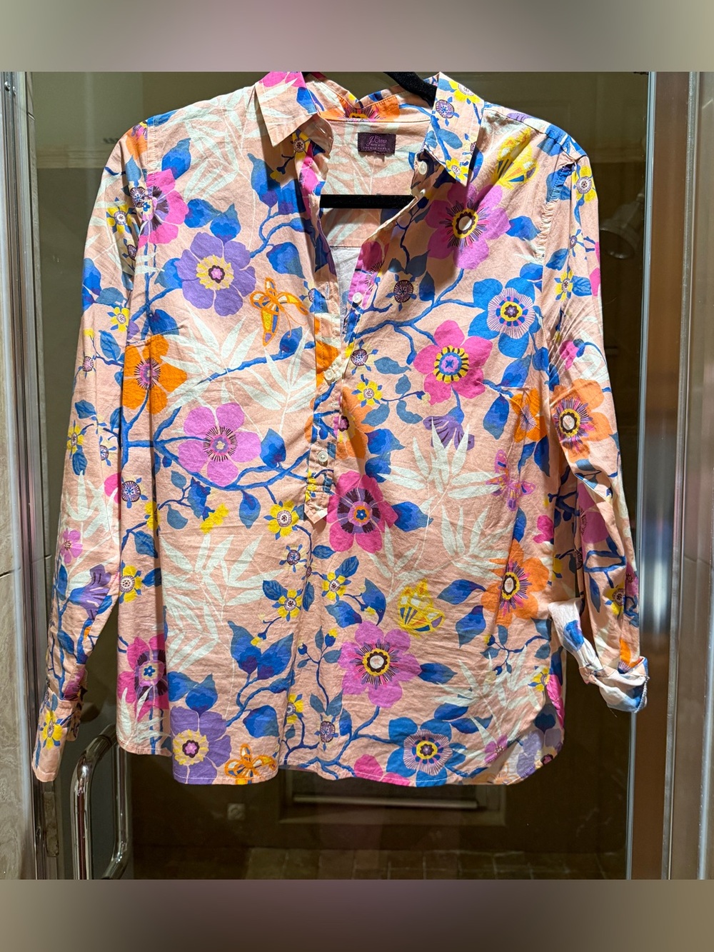 J. Crew Pink Floral Button-Down Shirt with Blue & Purple Accents